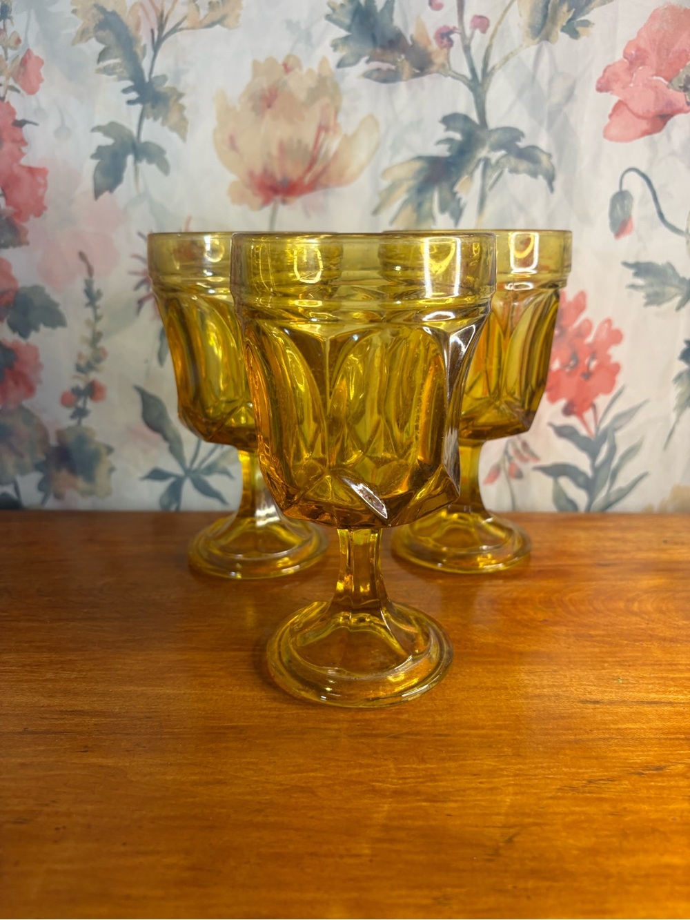 VintageAmber Yellow Pressed Glass Goblet - Set of 3
